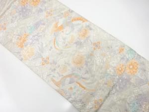 斜め格子に鳳凰・牡丹・菊模様織り出し　袋帯